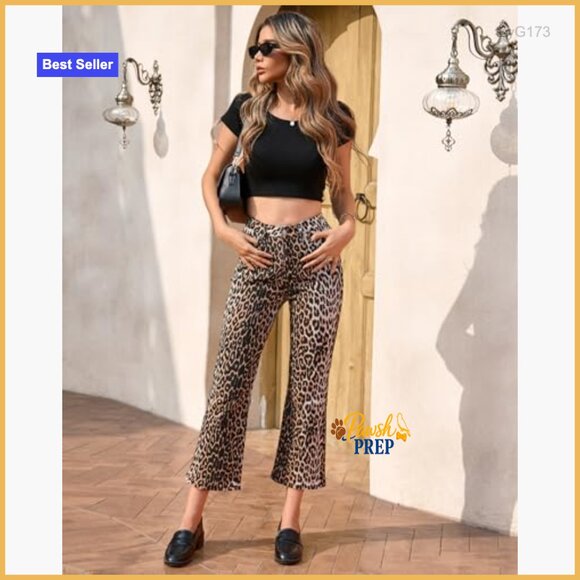 Cropped Mid Rise Stretchy Flared Denim Jeans, Leopard Print - Picture 3 of 7